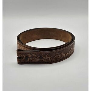 Thunderbird Full Grain Leather Belt Sz 40 Horses Engraved SHORTY No Buckle Brown